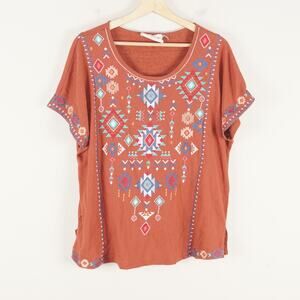 Savanna Jane Southwestern Aztec Rustic Orange Embroidered Top Womens Sz L